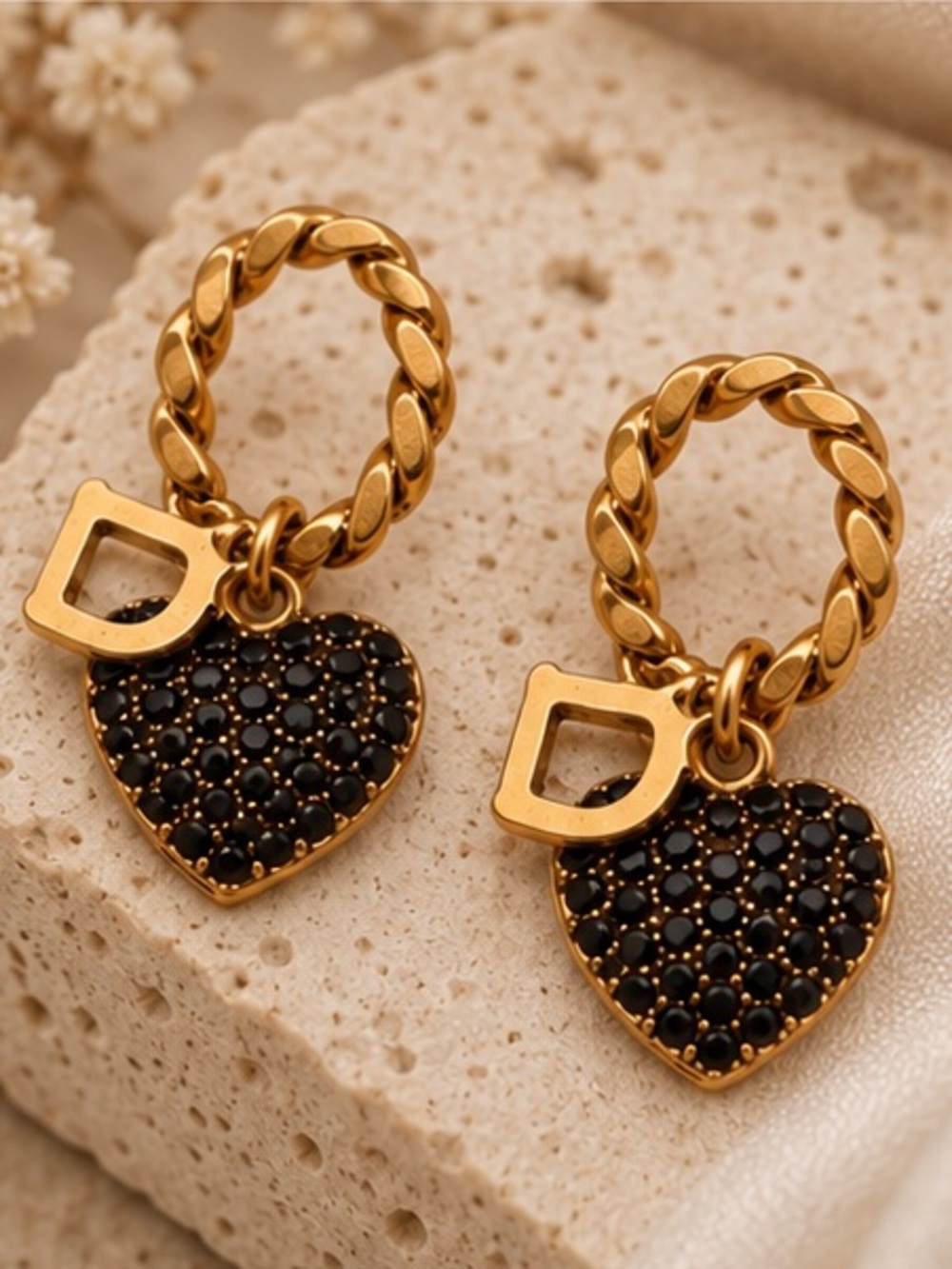 Designer Inspired Black Heart Charm Hoop Earrings